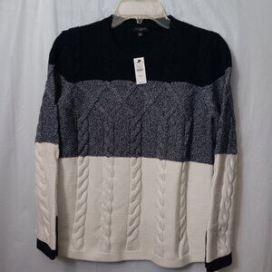 TALBOTS COTTON BLEND PETITE COLOR BLOCK CABLE KNIT SWEATER